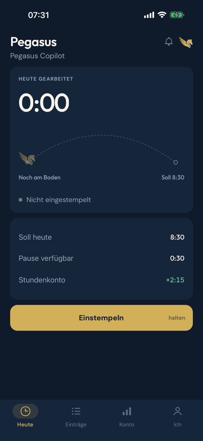 App-Bildschirm „Heute“ am Morgen: 0:00 gearbeitet, nicht eingestempelt, Soll 8:30, Stundenkonto +2:15 und der Knopf „Einstempeln“