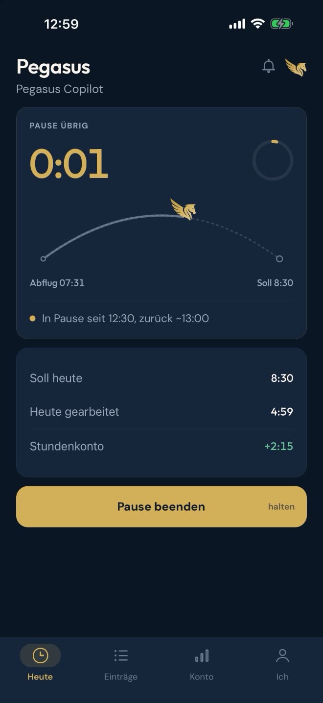 App-Bildschirm in der Pause: noch 0:01 Pause übrig, in Pause seit 12:30, zurück gegen 13:00, Knopf „Pause beenden“