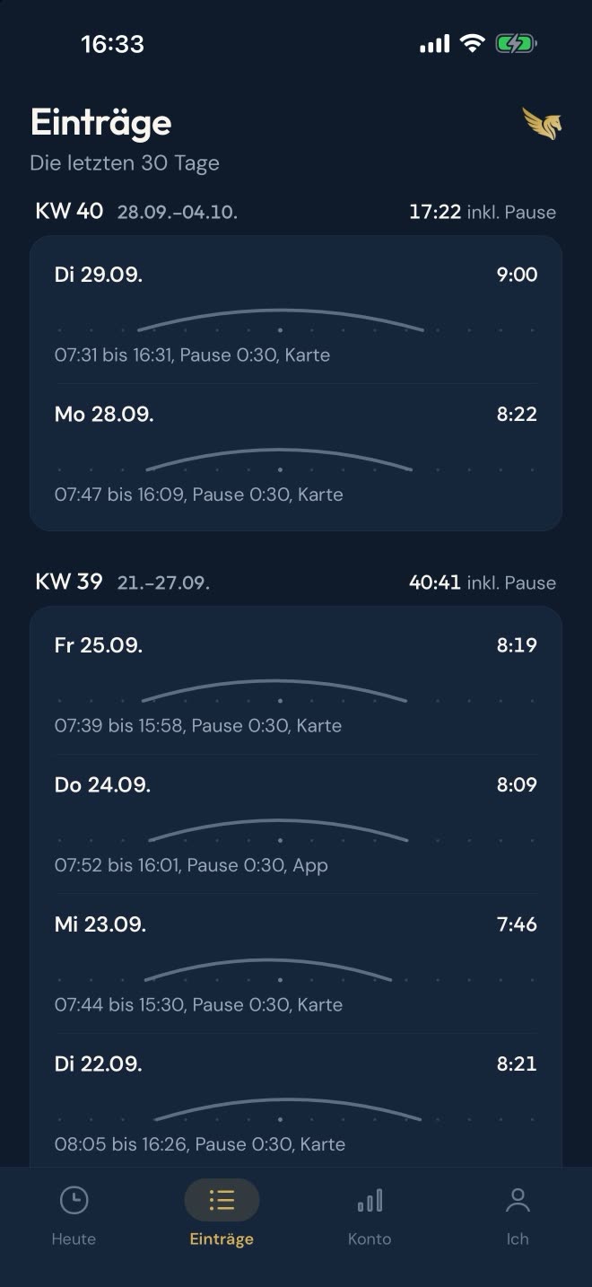 App-Bildschirm „Einträge“: die Arbeitstage der letzten 30 Tage nach Kalenderwoche, je Tag Beginn, Ende, Pause und ob per Karte oder App gestempelt