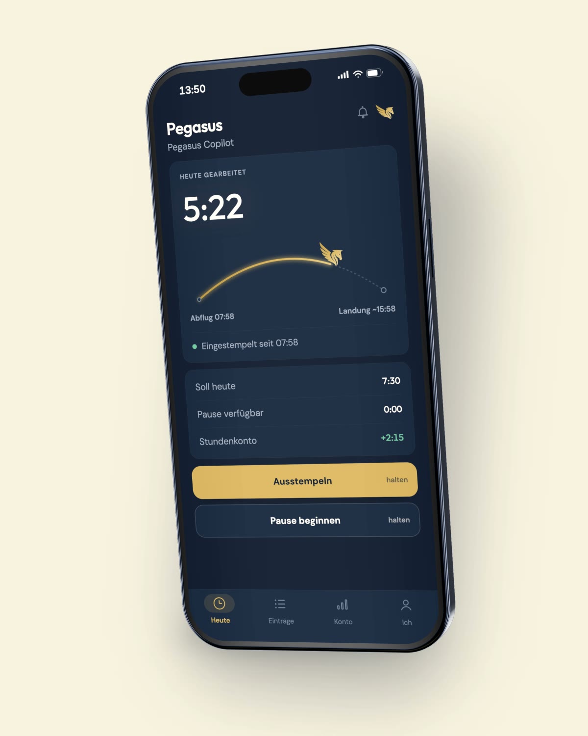 Ein Telefon mit Pegasus Timepilot: Bildschirm „Heute“ mit 5:22 gearbeitet, eingestempelt seit 07:58, der Pegasus fliegt die goldene Flugbahn des Tages bis zur Landung gegen 15:58